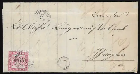 "102" avec K2 "Oberlauchringen" sur deux lettres 3 Kr. découpées et dentelées, la dernière avec cachet horaire "5"