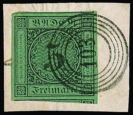 "103" (Oberschefflenz) très clair sur fragment de luxe avec 3 Kr. noir/vert à bords inhabituellement immenses (avec marques annexes !)