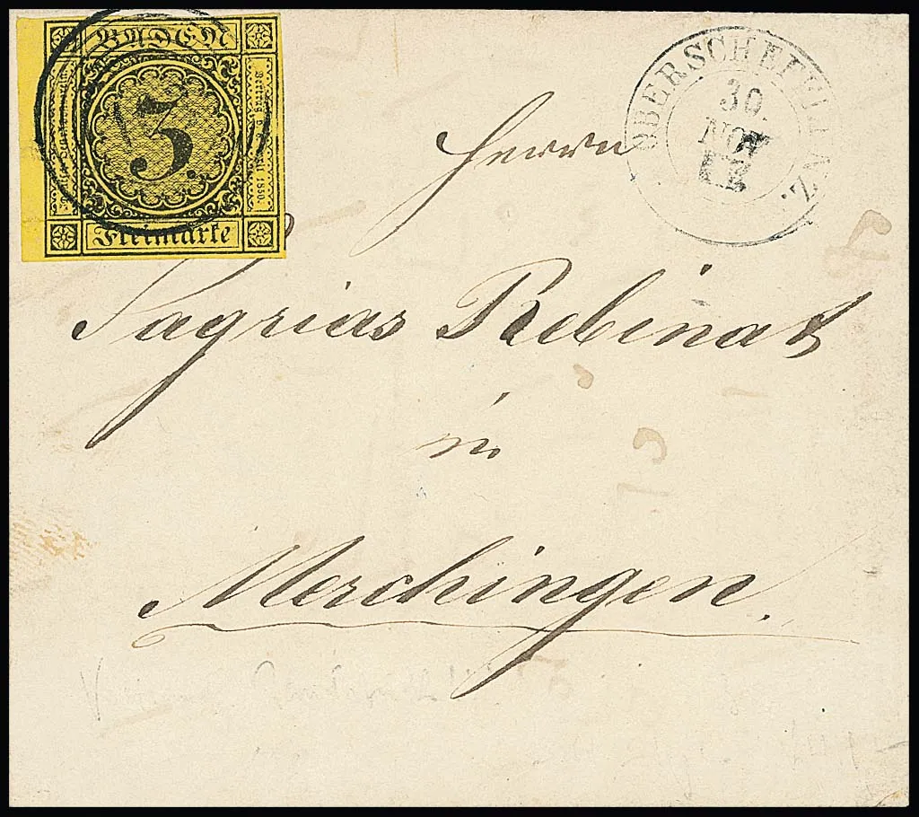 "103" with K2 "Oberschefflenz" on cabinet cover 3 Kr. black/yellow from left margin, and on envelope with 3 Kr. pink, perforated