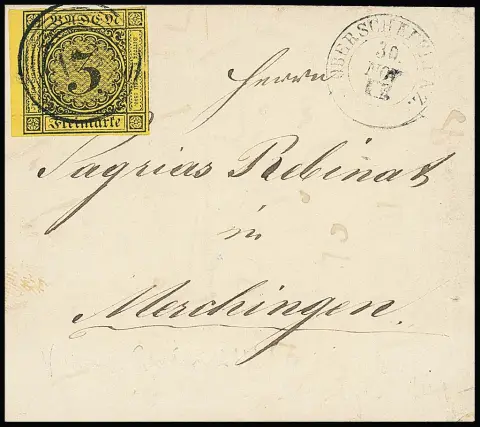 "103" avec K2 "Oberschefflenz" sur lettre de cabinet 3 Kr. noir/jaune du bord gauche, ainsi que sur enveloppe avec 3 Kr. rose, dentelé