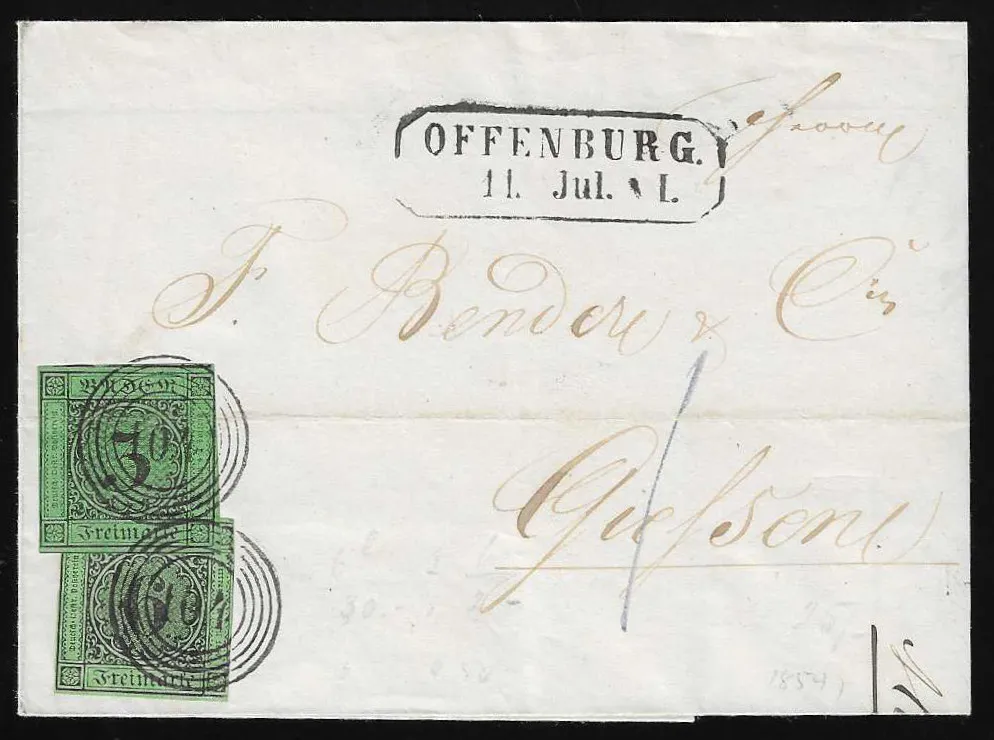 "104" avec Ra2 "Offenburg" très clair sur lettre avec affranchissement mixte de même couleur 6 Kr. noir/jaune-vert et 3 Kr. noir/vert (celui-ci trace de choc)