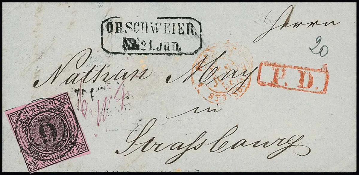 "106" nebst Ra2 "Orschweier" auf Prachtbriefchen 9 Kr. schw./rosa nach Straßburg