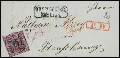 "106" avec Ra2 "Orschweier" sur magnifique lettre 9 Kr. noir/rose pour Strasbourg