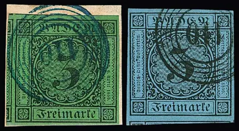 "110" (Pfullendorf) en noir et bleu sur deux pièces de cabinet/luxe à bords larges 3 Kr. noir/vert (fracture) et noir/bleu