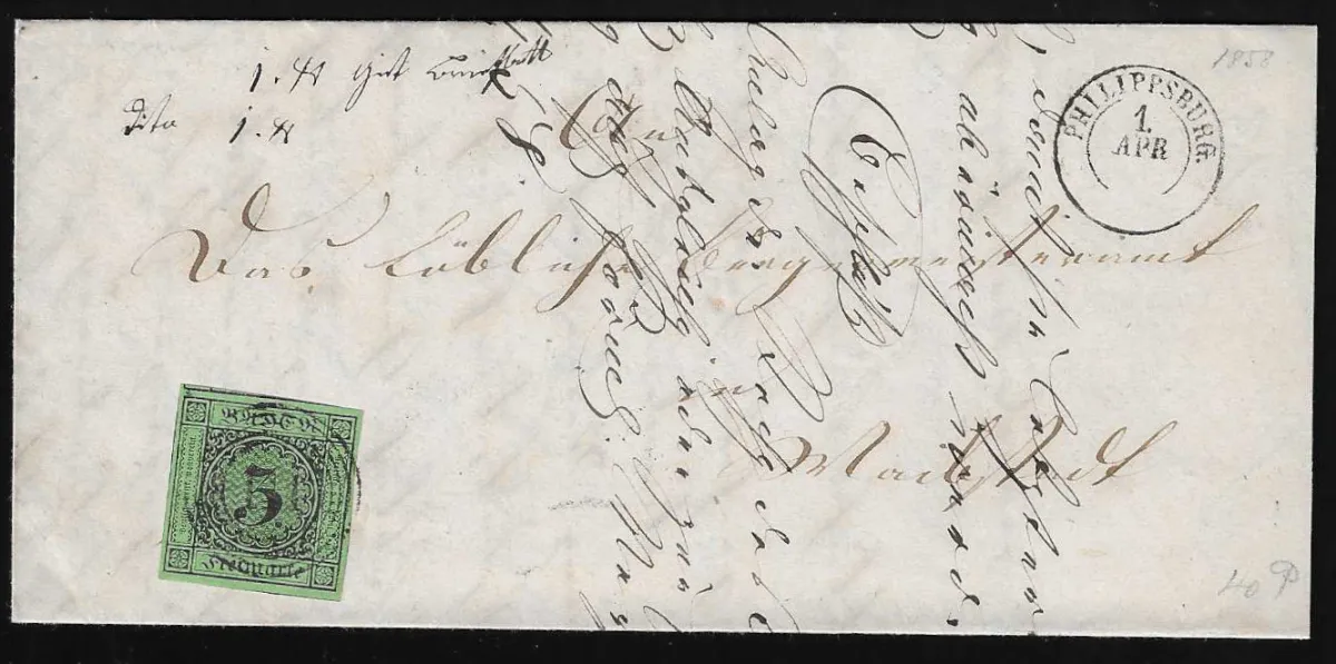 "111" with K2 "Philippsburg" on cover with huge-margin cabinet piece 3 Kr.
