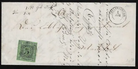 "111" avec K2 "Philippsburg" sur lettre avec pièce de cabinet 3 Kr. à bords immenses