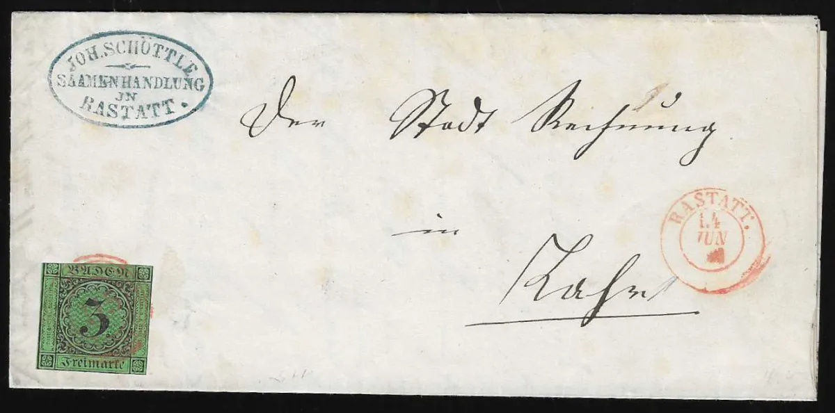 "115" with K2 "Rastatt", each in red, on letter with usually cut 3 Kr. black/green