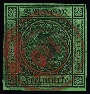 "119" (Rippoldsau) in rot klar auf breitrandigem Prachtstück 3 Kr. schw./grün