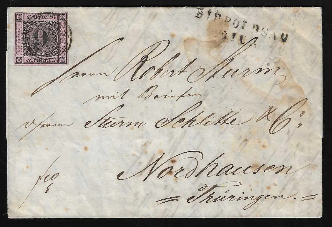 "119" with L2 "Rippoldsau" on letter (smudged ink) with superb 9 Kr., inside decorative letter sheet with city view