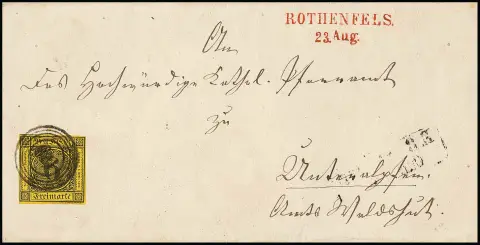 "120" en noir avec L2 rouge "Rothenfels" net sur lettre (sans les rabats intérieurs) avec pièce de choix 6 Kr.