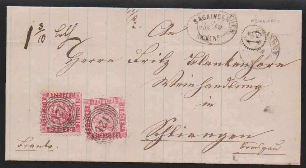 "121" nebst K2 "Säckingen", Postablage "Säckingen-Rickenbach" und Uhrrad "15" (Willaringen) auf Kabinett-Doppelbrief mit zweimal 3 Kr. rosa
