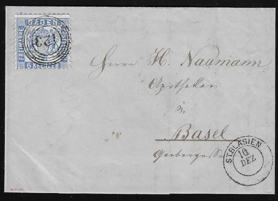"123" s K2 "St. Blasien" na nádherném dopise 6 Kr. modrá do Basileje