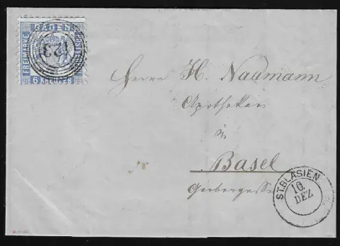 "123" avec K2 "St. Blasien" sur lettre magnifique 6 Kr. bleu vers Bâle