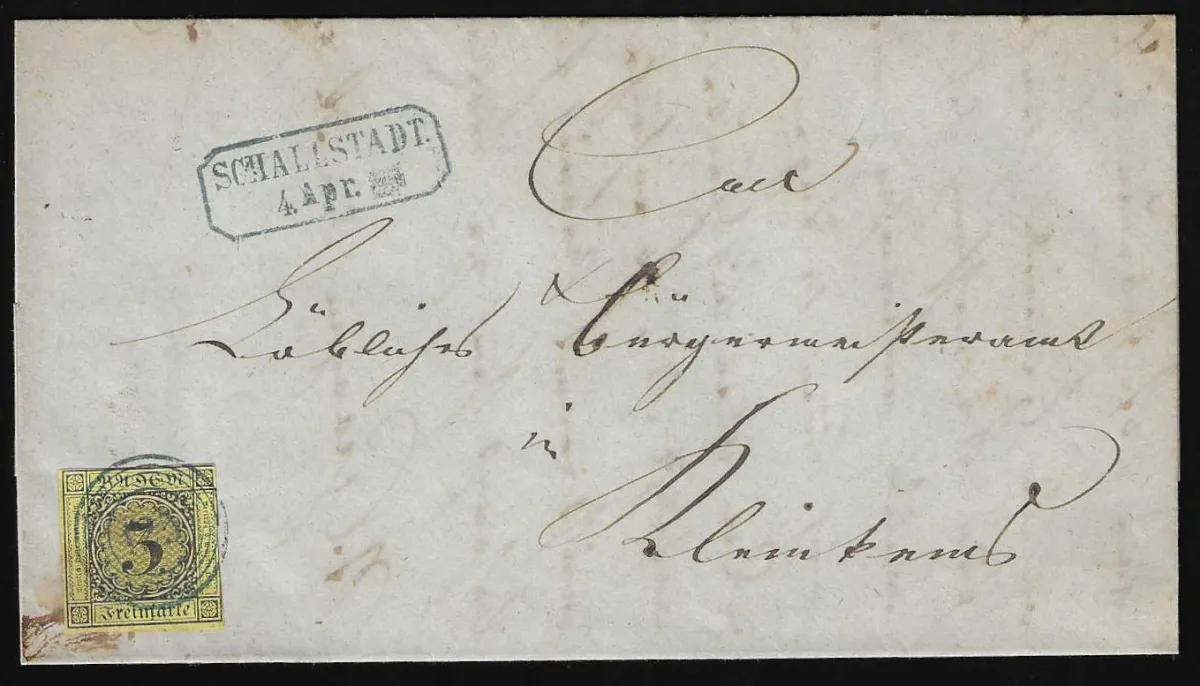 "125" nebst Ra2 "Schallstadt", je in blau, auf Brief mit meist vollrandiger 3 Kr.