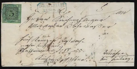 "125" avec Ra2 "Schallstadt", chacun en bleu, sur lettre (verso incomplet) avec pièce magnifique 3 Kr., photo-expertise Stegmüller