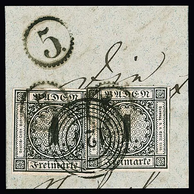 "127" (Schiltach) and clock stamp "5" as decorative double cancellation on piece with two times 1 Kr. black