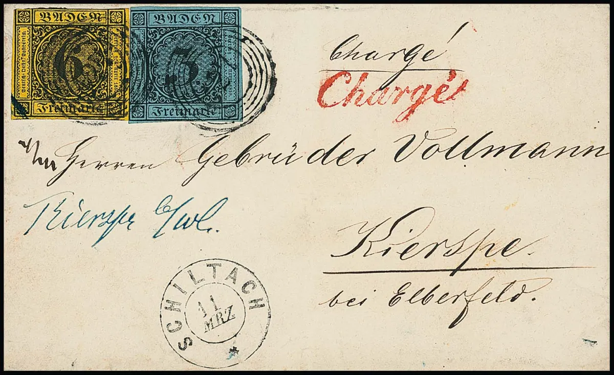 "127" met K2 "Schiltach" op twee brieven uit dezelfde correspondentie, elk met 6 Kr. zwart/geeloranje, een met 3 Kr. zwart/blauw Chargé, de andere met 3 Kr. Pruisisch blauw, getand, naar Kierspe bij Elberfeld