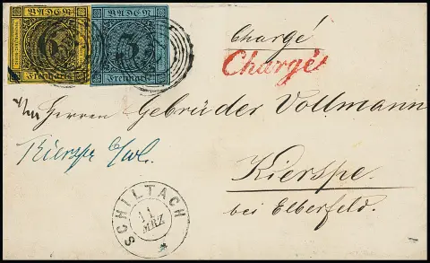 "127" nebst K2 "Schiltach" auf zwei Briefen aus gleicher Korrespondenz, je mit 6 Kr. schw./gelborange, einmal nebst 3 Kr. schw./blau Chargé, bzw. mit 3 Kr.…