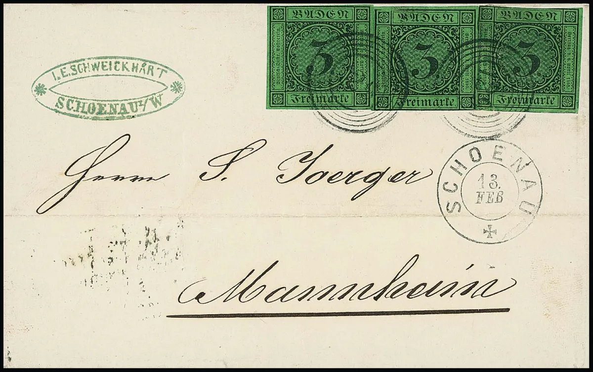 "129" plus K2 "Schoenau" clear on folded letter with three times 3 Kr. black/green, partly very wide margins