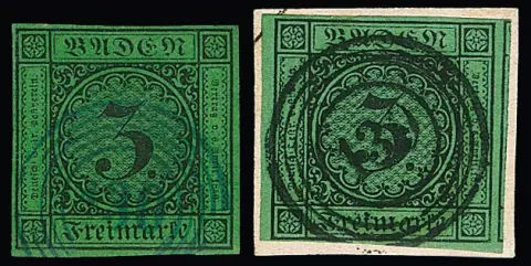 "130" (Schopfheim) in blau auf 3 Kr., sowie in schwarz auf 9, 1 u. 3 Kr., alles (!) ausgesucht breit- bis überrandige Kabinett-/Luxusstücke