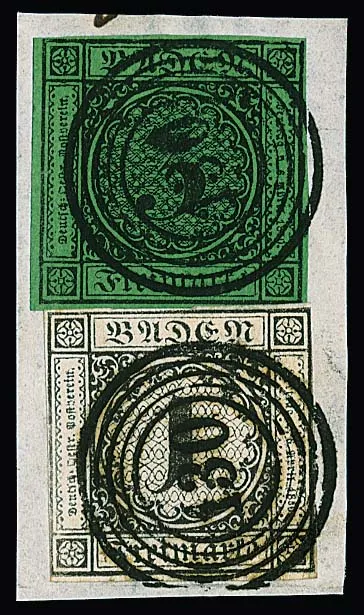 "130" (Schopfheim) very clear on decorative piece with 1 Kr. black and 3 Kr. black/green