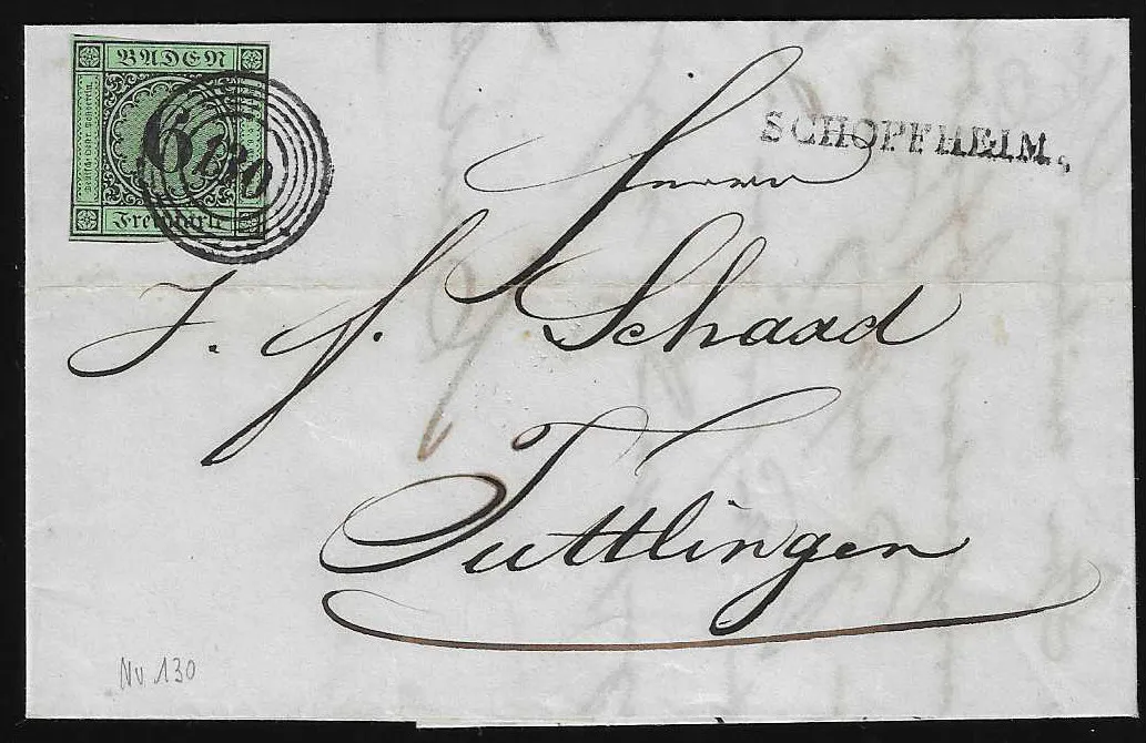 "130" plus L1 "Schopfheim" clear on folded letter 1852 with 6 Kr. black/blue-green (Mi. 320,-)