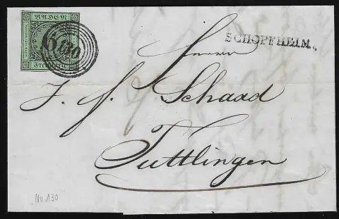 "130" nebst L1 "Schopfheim" klar auf Faltbrief 1852 mit 6 Kr. schw./blaugrün (Mi. 320,-)