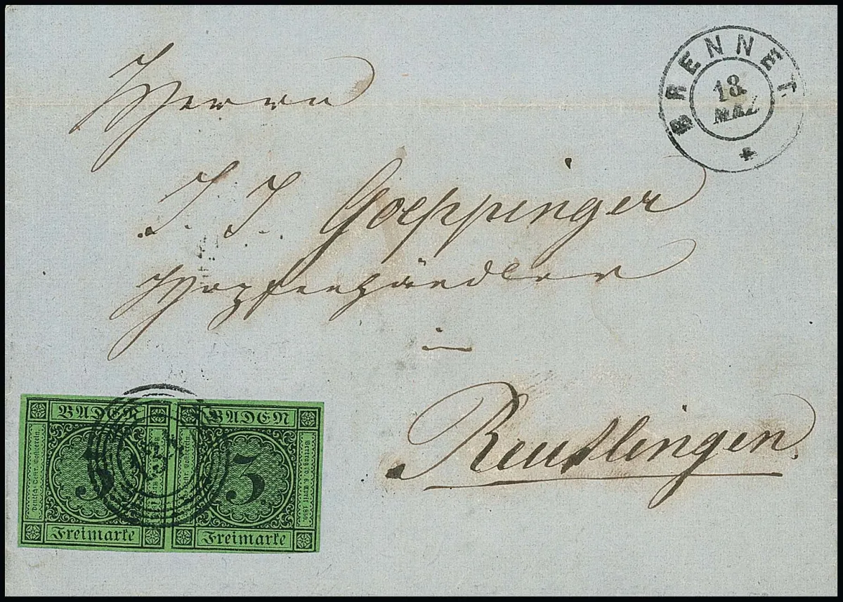 "134" avec K2 "Brennet" sur lettre de choix avec paire 3 Kr. noir/vert, et sur lettre 3 Kr. rose (celle-ci avec dépôt postal "Brennet-Wehr")