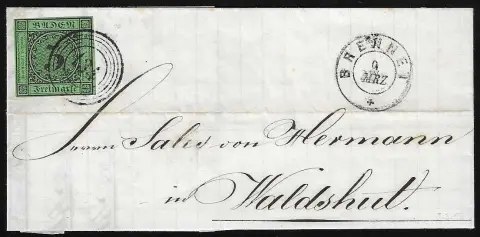 "134" nebst K2 "Brennet" auf zwei Briefen 3 Kr., geschnitten und gezähnt, Briefe je Mittelfalten ausserhalb