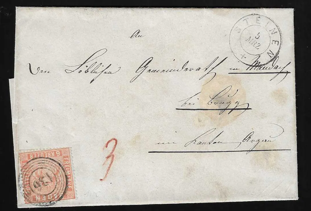 "136" avec K2 "Steinen" sur deux lettres 1 Kr. noir, resp. 6 Kr. rouge saumon (vers la Suisse)