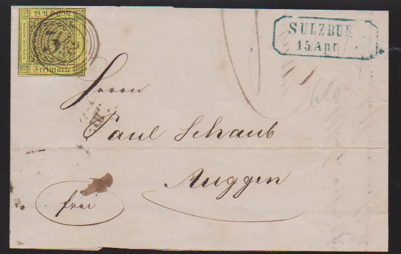 "142" avec Ra2 bleu "Sulzburg" sur lettre de choix 3 Kr. noir/jaune