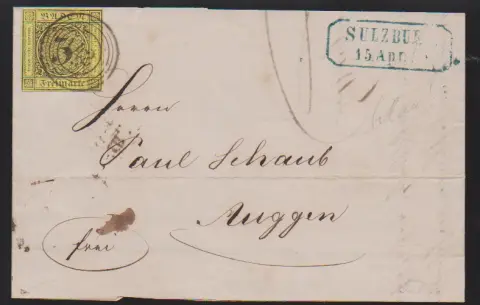"142" nebst blauem Ra2 "Sulzburg" auf Prachtbrief 3 Kr. schw./gelb