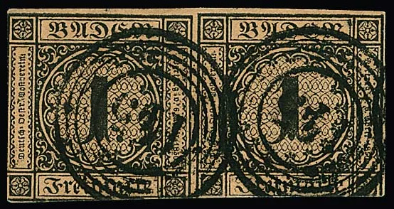"145" (Triberg) clear on horizontal pair 1 Kr. black/brown (slightly rubbed), signed Engel. Mi. 750,- + cancel