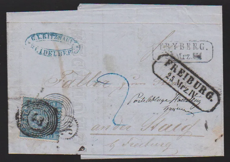 "145" et Ra2 "Tryberg" et "43" et Ra2 "Freiburg", ainsi que cachet horaire "35", tous trois sur le timbre, sur lettre pliée 3 Kr. avec contenu de Heidelberg (!), curiosité, ms. "Postablage Höllsteig", photo exp. Flemming