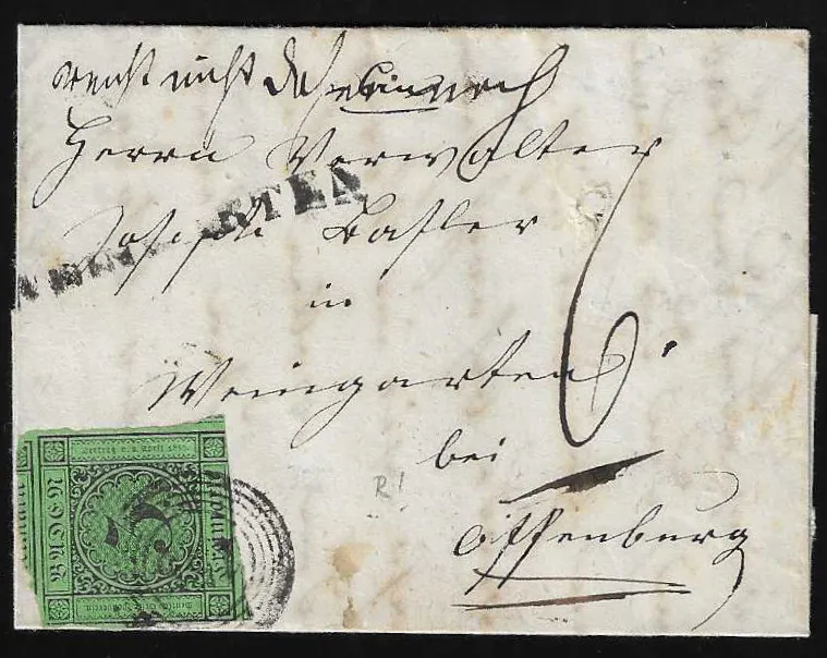 "155" along with L1 "Weingarten" (rare!) on letter with irregularly separated 3 Kr., also with K2 on letter 3 Kr. pink