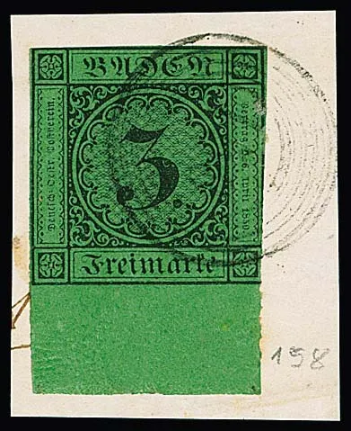 "158" (Wiesenbach) on piece with usually cut 3 Kr. black/green (10mm wide sheet margin at bottom)