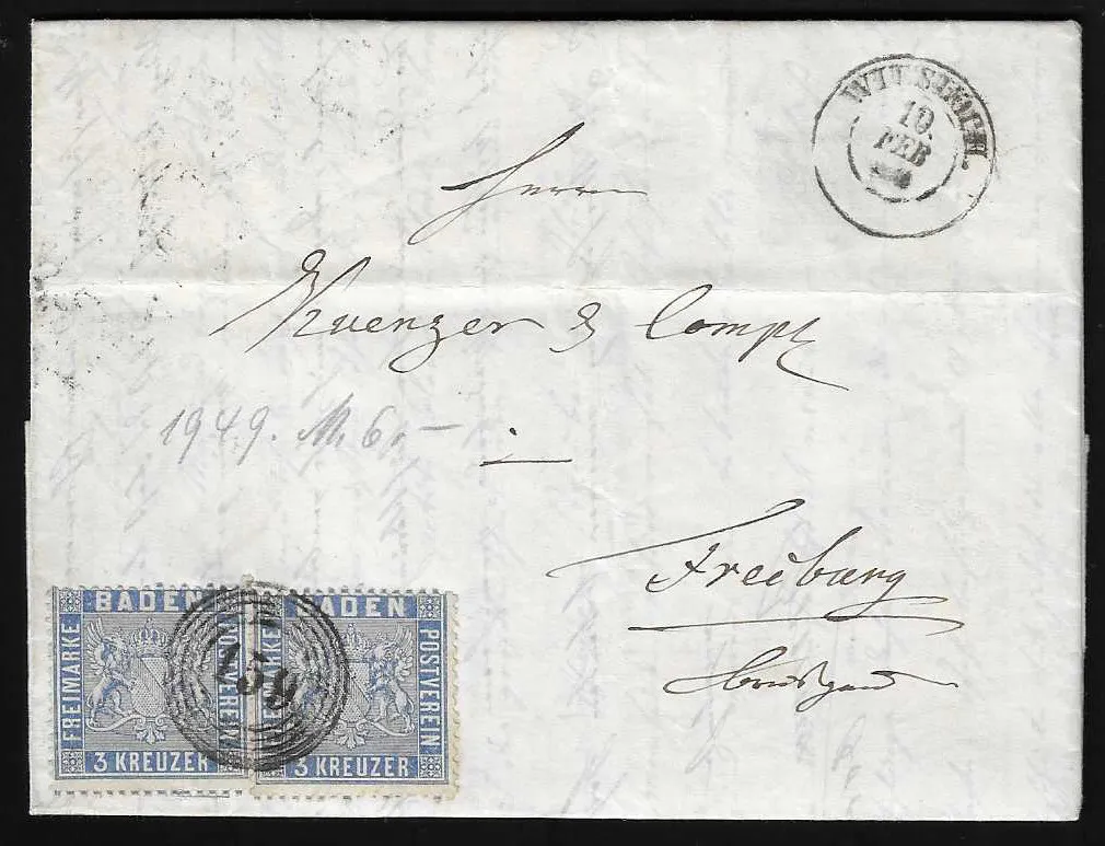 "159" with K2 "Wiesloch" on magnificent letter with two times 3 Kr. (one short perforation)