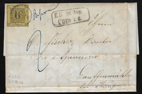 "164", Einring-NS der Bahnpost, hs. "Achern" und Ra2 "E.B. Curs" klar auf Brief (Falten ausserhalb mit leichter Patina) mit Prachtstück 6 Kr.