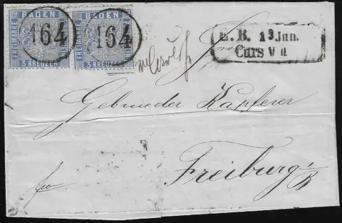 "164", Einring-NS der Bahnpost, nebst hs. "v. Carlsrh." und Ra2 "E.B. Curs VII" auf gef. Brief mit zweimal 3 Kr. (Zf.), sign. Stegmüller