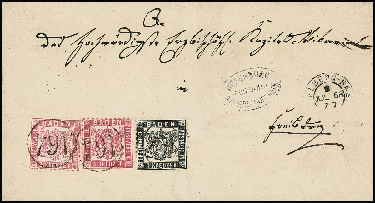 "164", Einring-NS der Bahnpost, nebst Zug-K2 "Heidelberg-Basel" und Postablage "Offenburg-Niederschopfheim" auf Faltbrief mit 1 Kr. schwarz und zweimal 3 Kr.…