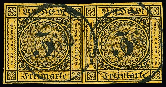 "166" (Gondelsheim) klar auf Paar 3 Kr. schw./dunkelgelb (kl. Vortrennschnitt) sowie auf Briefstück 3 Kr. rosa