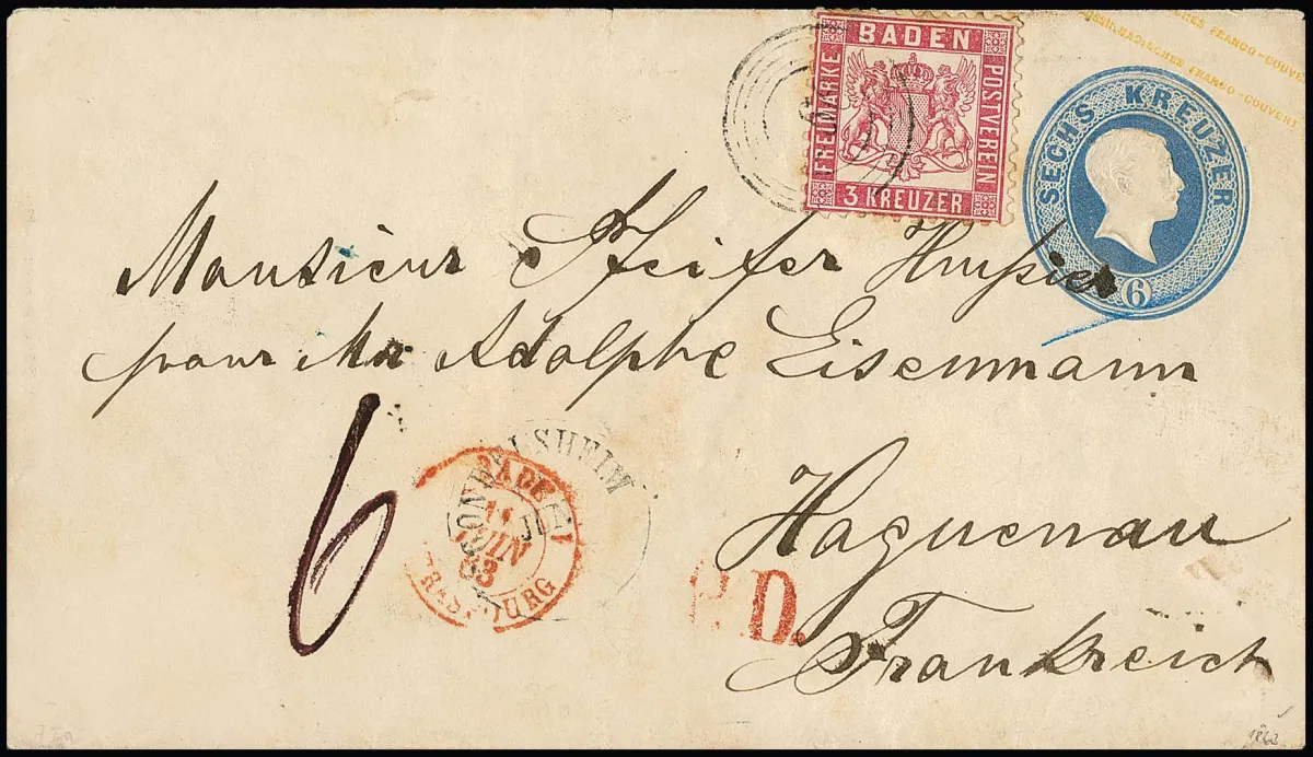 "166" with K2 "Gondelsheim" on postal stationery 6 Kr. blue with additional franking 3 Kr. pink (short perforations, slight toning)