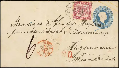 "166" nebst K2 "Gondelsheim" auf Ganzsache 6 Kr. blau mit ZuF 3 Kr. rosa (kurze Zähnchen, leichte Tönung)