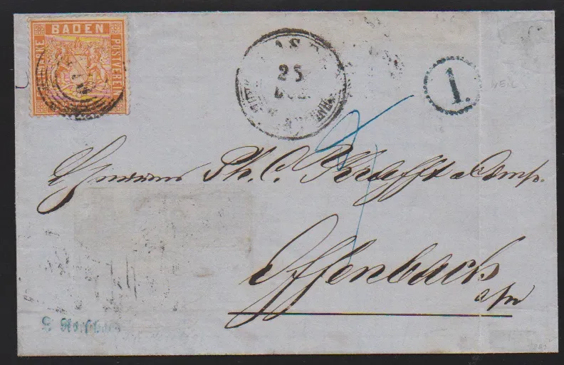 "170" avec K2 "Basel Badischer Bahnhof" et cachet horaire bleu "1" sur lettre pliée avec 6 Kr. orange pour Offenbach, au verso cachet ovale "Schweiz über Baden", au recto traces de l'ancienne vignette de Reitmeister