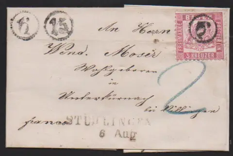 "6" als Markenentwrtung und nebengesetzt, dito Uhrradstempel "15" und L2 "Stühlingen", auf Brief 3 Kr. rosa (Bug)