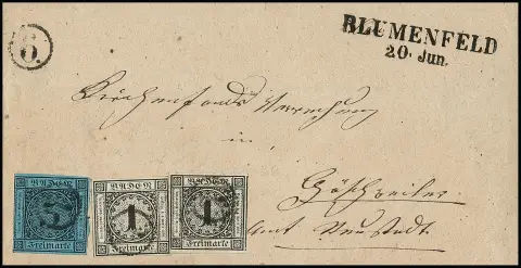 "7" als Markenentwertung, "6" nebengesetzt, sowie L2 "Blumenfeld", auf Landbestellbrief (eine Seitenklappe fehlt) mit 1 Kr. per zwei nebst 3 Kr., sign. Seeger