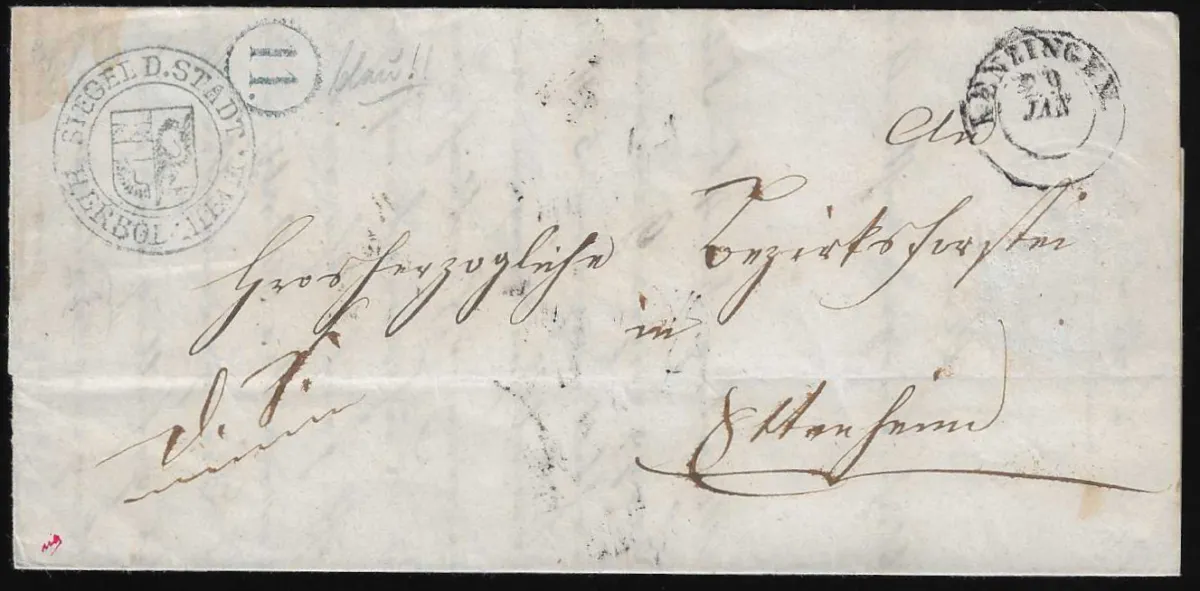 "11" from Herbolzheim (corresponds to wax seal on front) in blue and K2 "Kenzingen" on letter (on reverse, one side flap missing as usual)