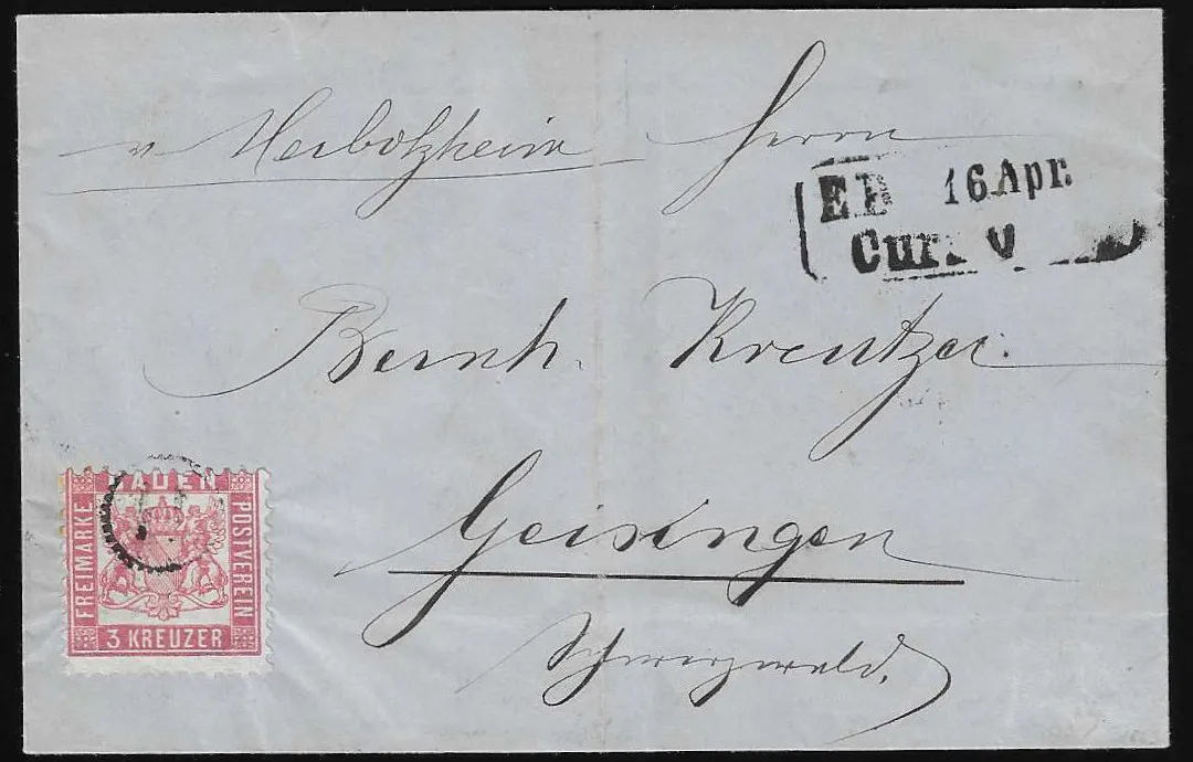 "11" from Herbolzheim as stamp cancellation and Eisenbahn-Curs-Ra2 alongside, on franked letter with superb 3 Kr. pink 1863