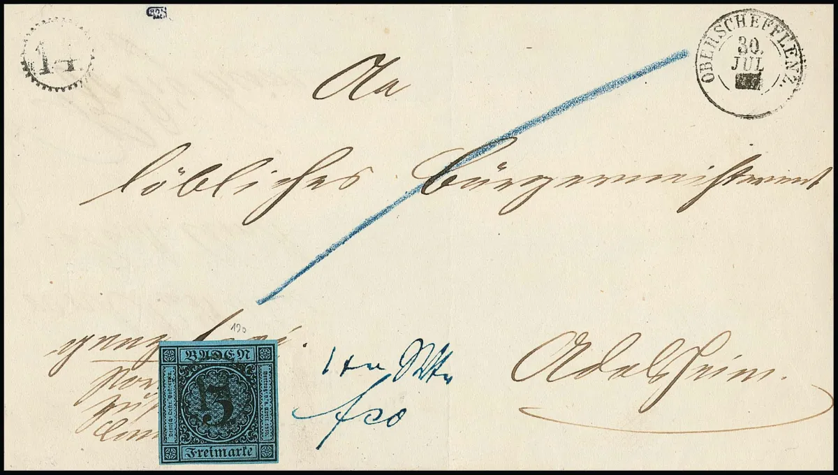 "14" as cancellation and alongside on doubly used letter (reverse without side flaps) with 3 Kr. black/blue (natural adhesion creases, not a fault)