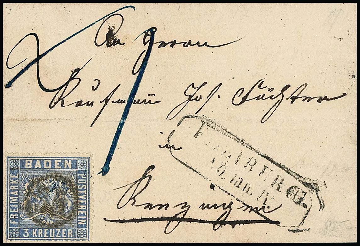 "35" comme oblitération de timbre centrée, avec Ra2 "Freiburg", sur lettre 3 Kr. (de Hinterzarten)